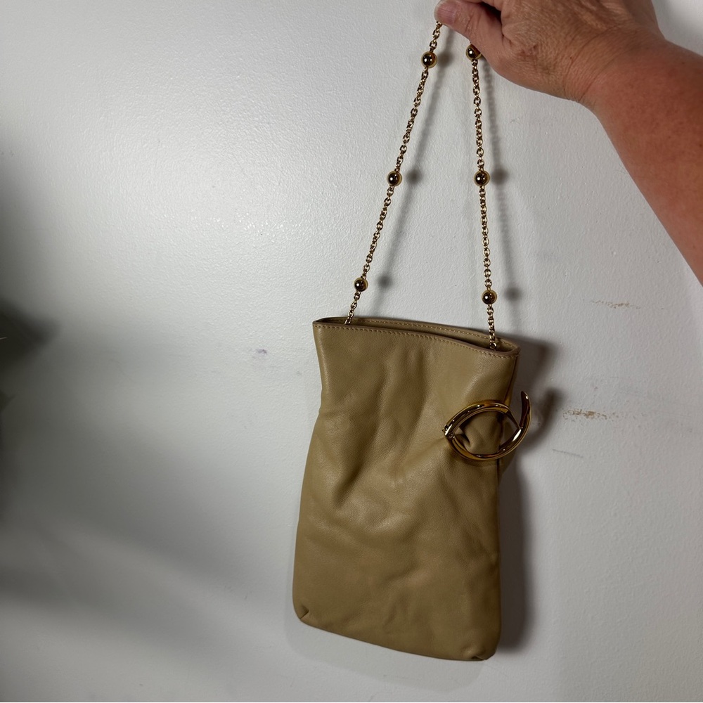 MNG Leather Evening Bag Pouch Gold Chain Mango Taupe Clutch